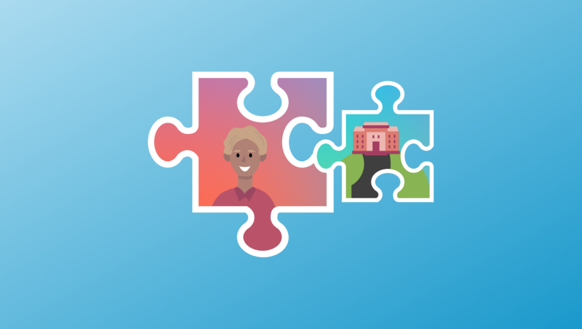 two puzzle pieces, one with a student and one with a college in it - Ask These 4 Questions Before Choosing the Right College for You