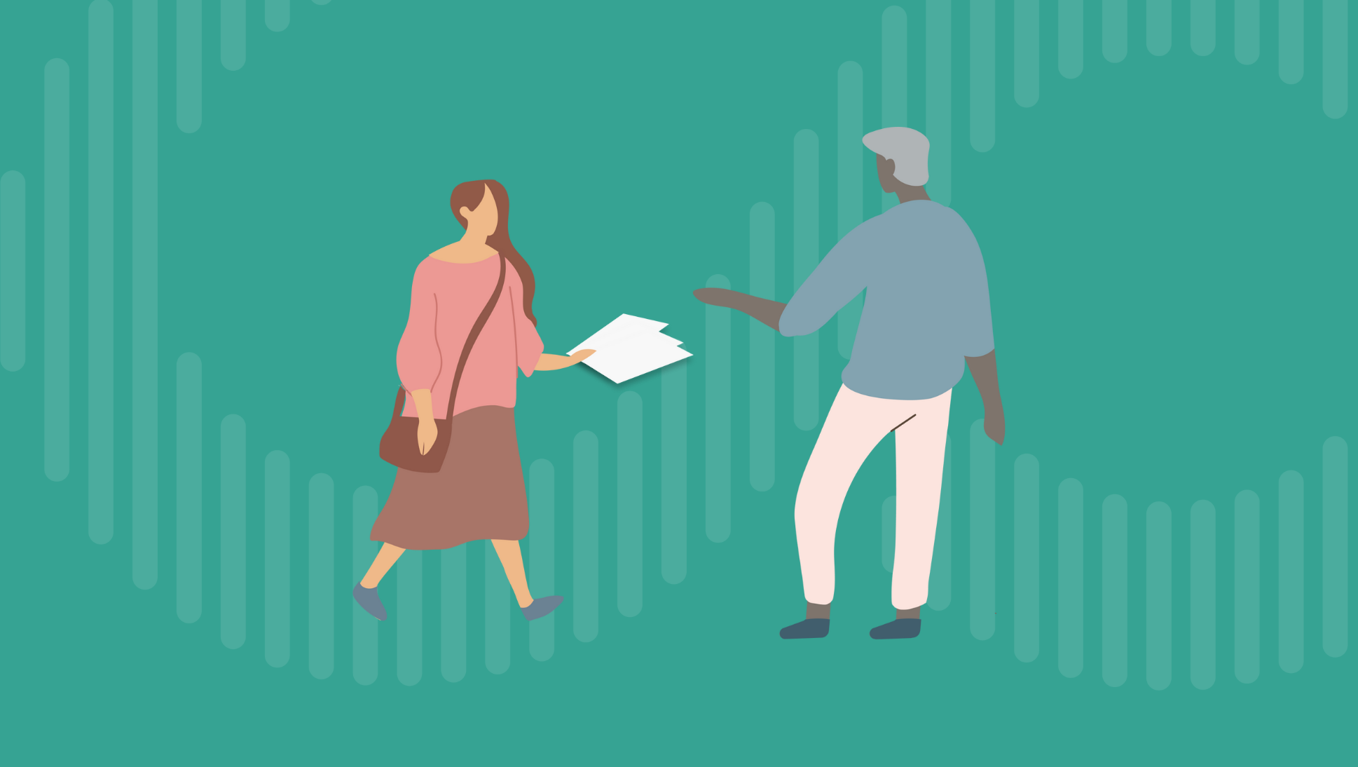 graphic of student handing papers to teacher with green background with sound waves - All Things Letters of Recommendation [Podcast]