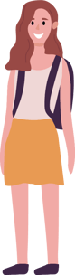 An icon of a smiling girl with shoulder-length red hair standing with her backpack
