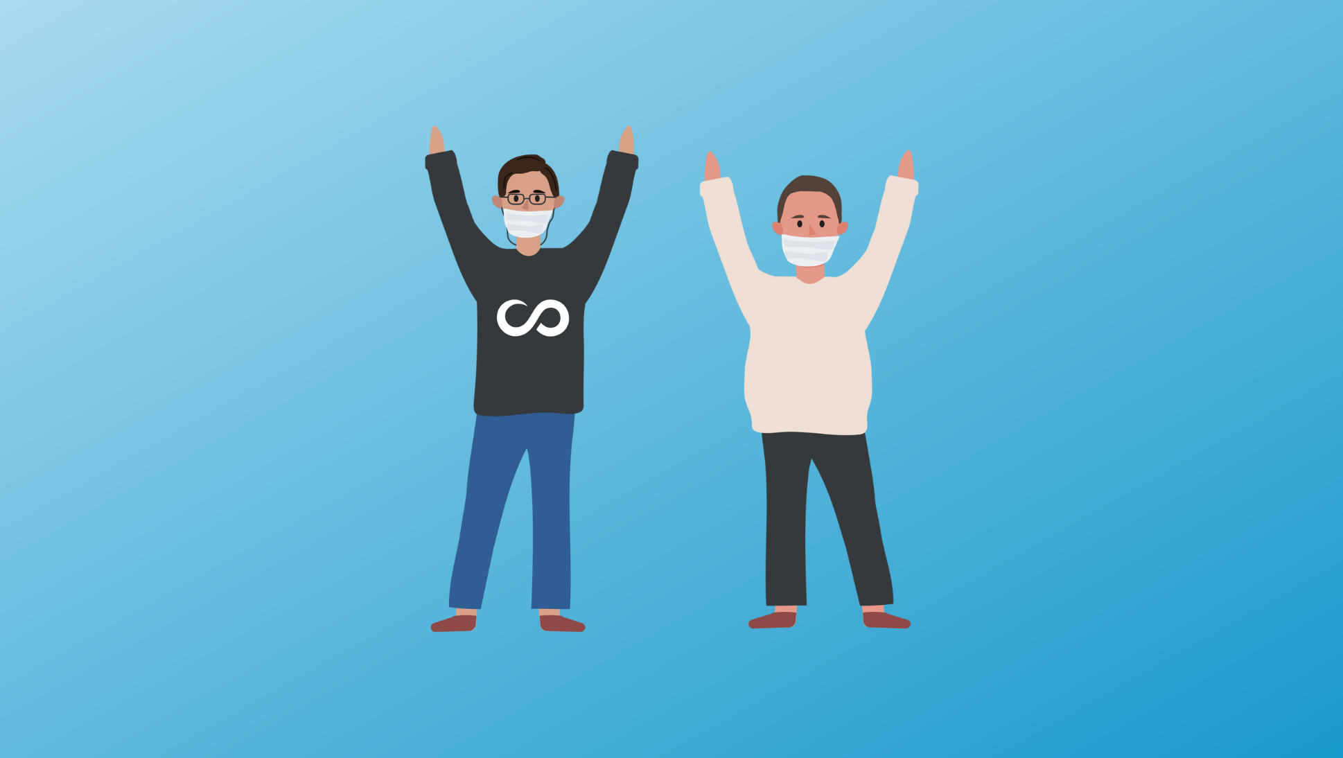 illustration of two Scoir employees with masks on and their hands in the air - COVID-19 Response: Helping out Where We Can