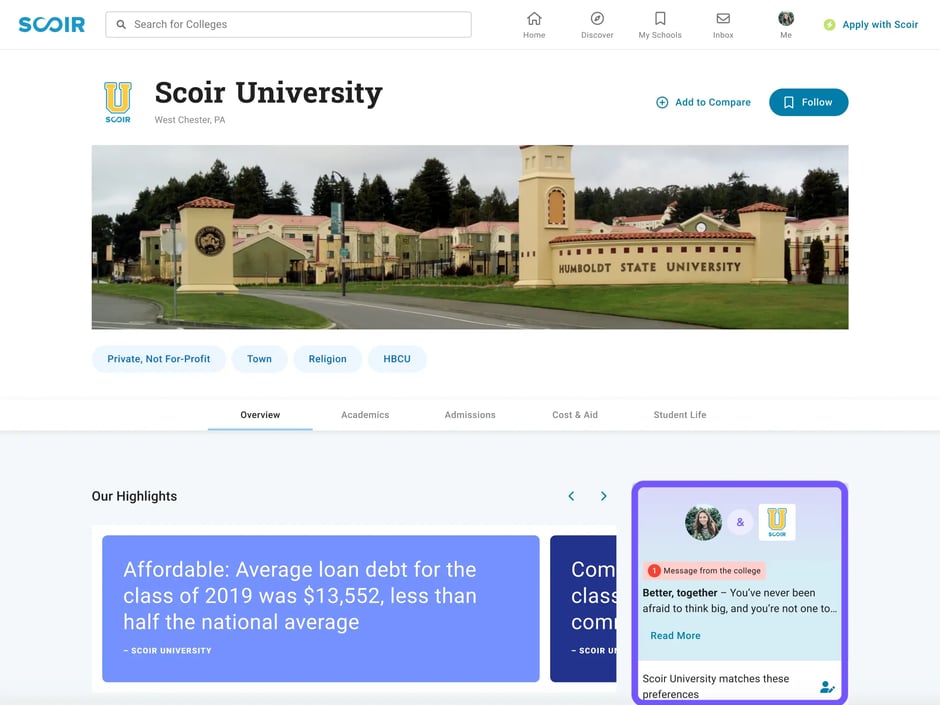 See Messages from College Matches on the College Profile page