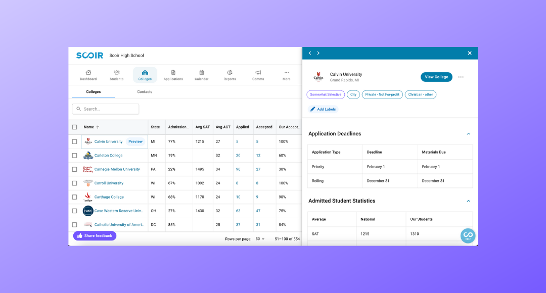 illustration of college previews in Scoir - For Counselors: Previews, Labels, & Views in Colleges