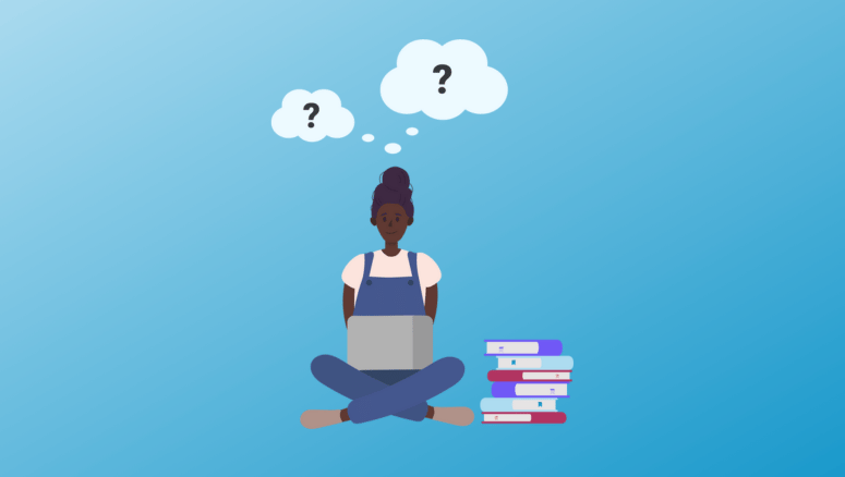 graphic of student sitting cross legged on floor with laptop in lap, books next to her on the floor, and question marks above her head - Course Selection: Strategies for Choosing Your High School Courses [Podcast Recap]