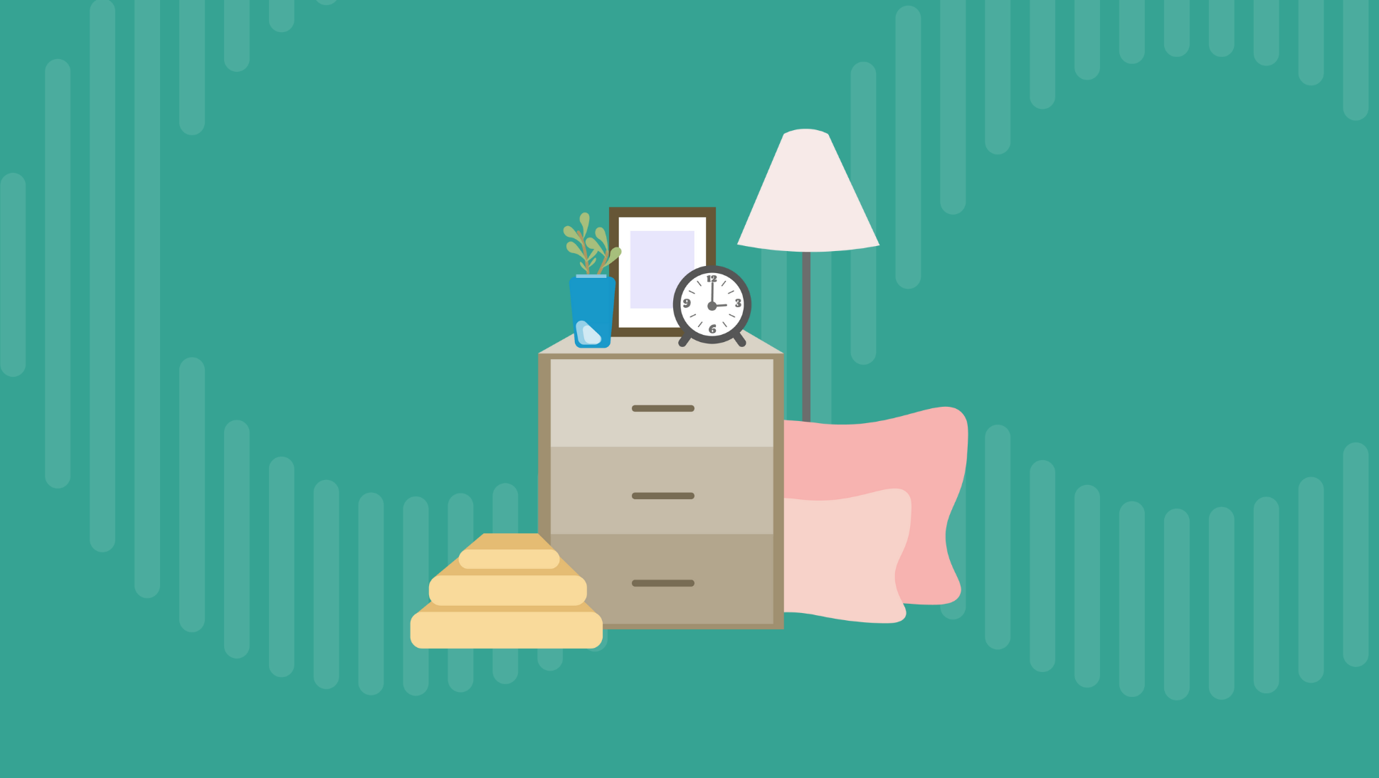 Dorm Room Essentials - illustration of dorm room essentials like pillows, towels, and more