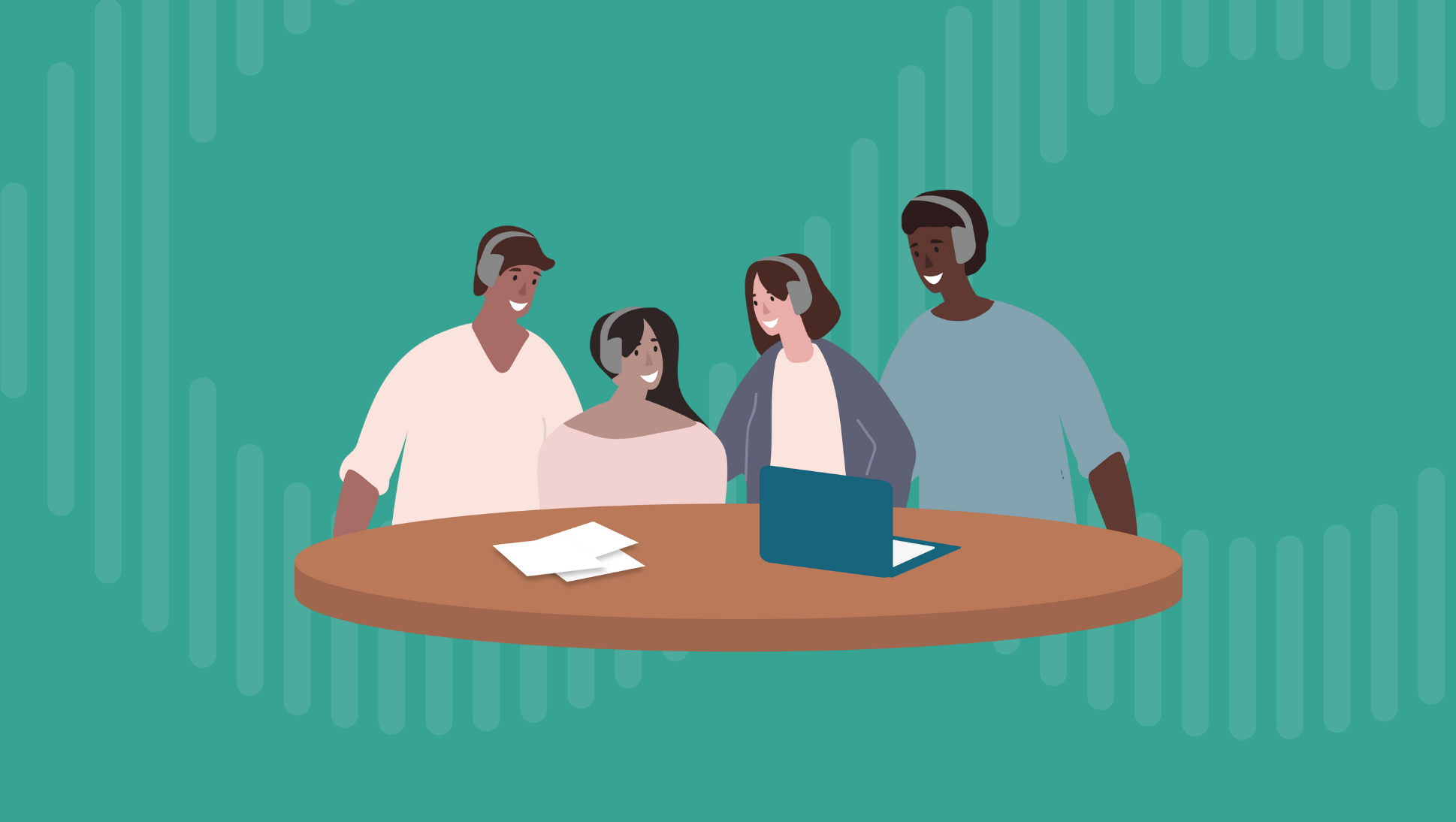 illustration of 4 family members with headphones on at round table - Family Bootcamp Podcast Mini-Series
