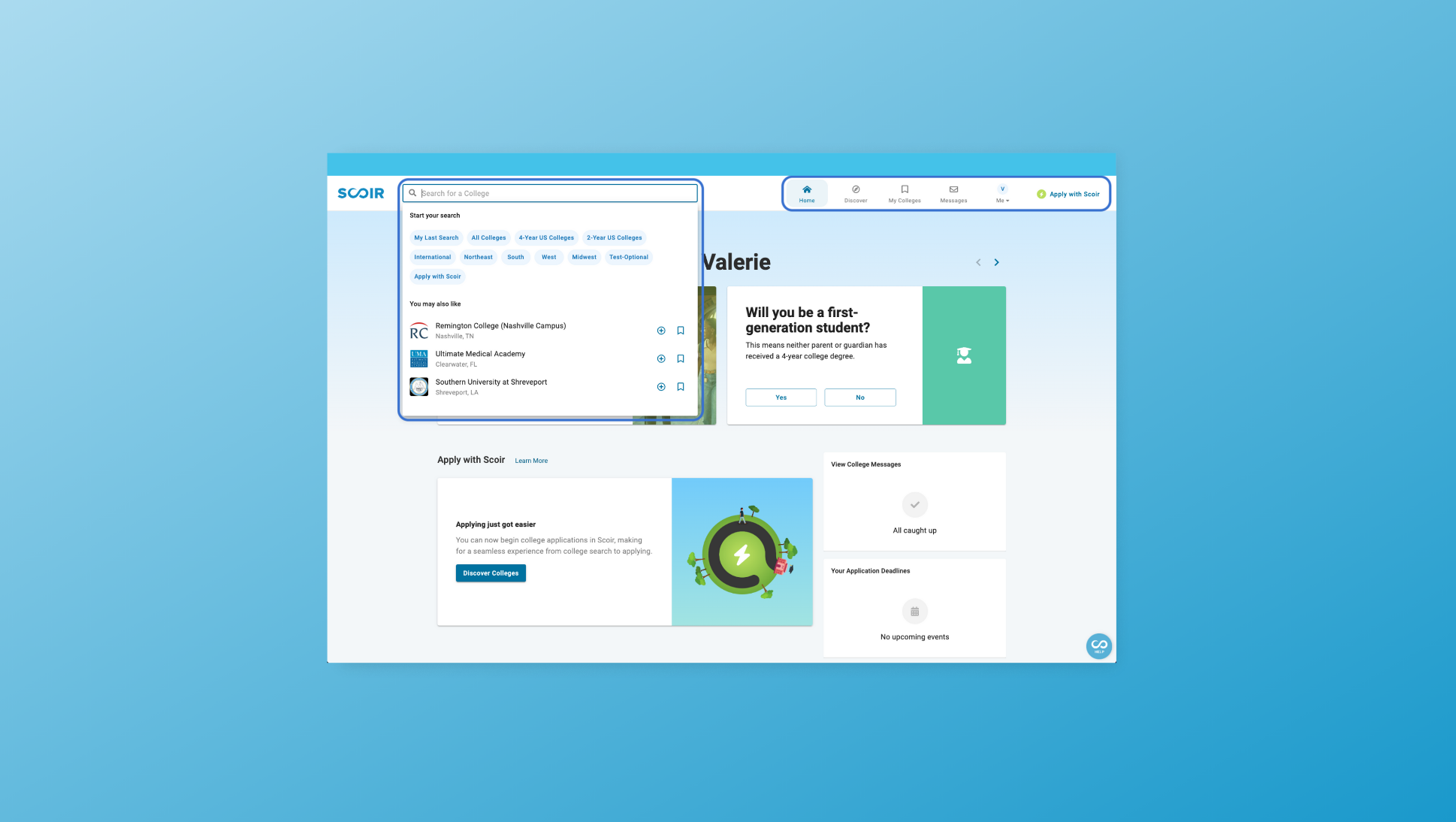 illustration of the updated college search experience in Scoir - For Students and Counselors: College Search Refresh