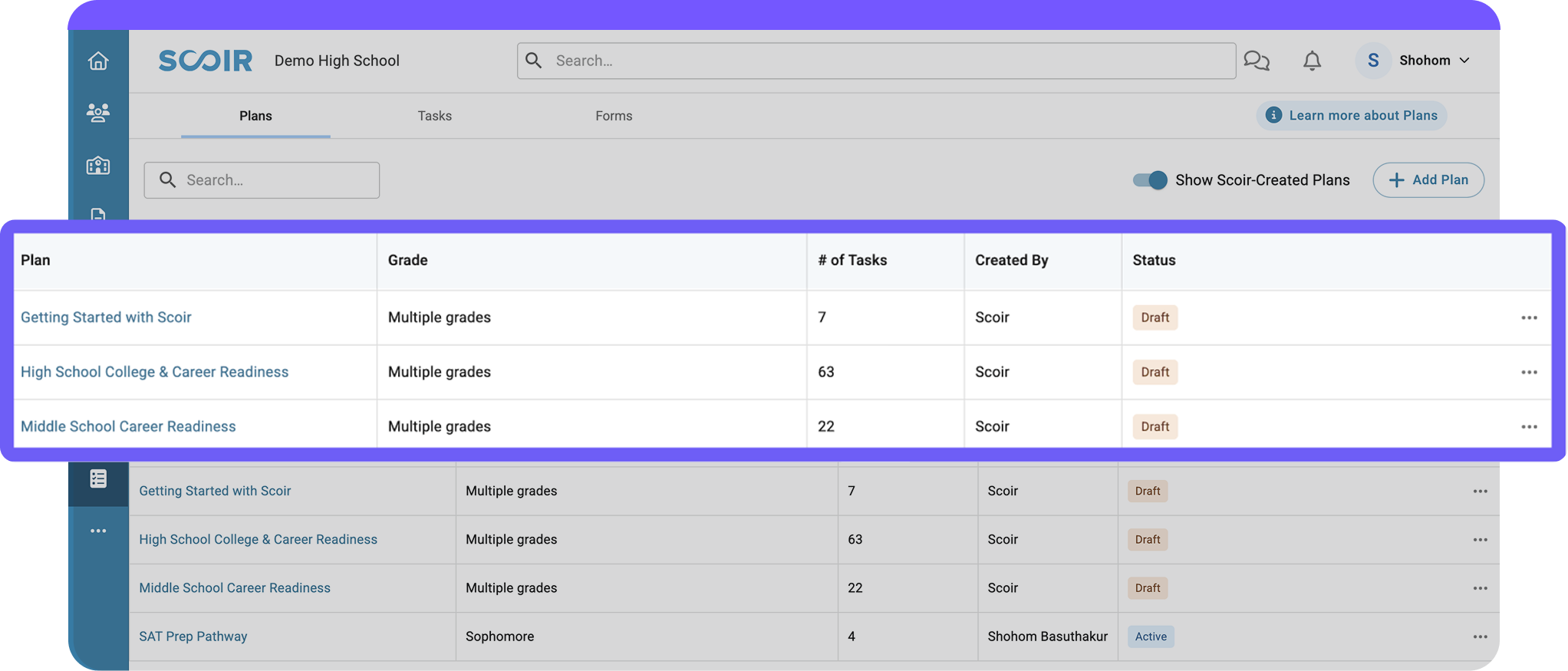 Scoir-Created Plans - "Get Started with Scoir" "High School College & Career Readiness" "Middle School Career Readiness"