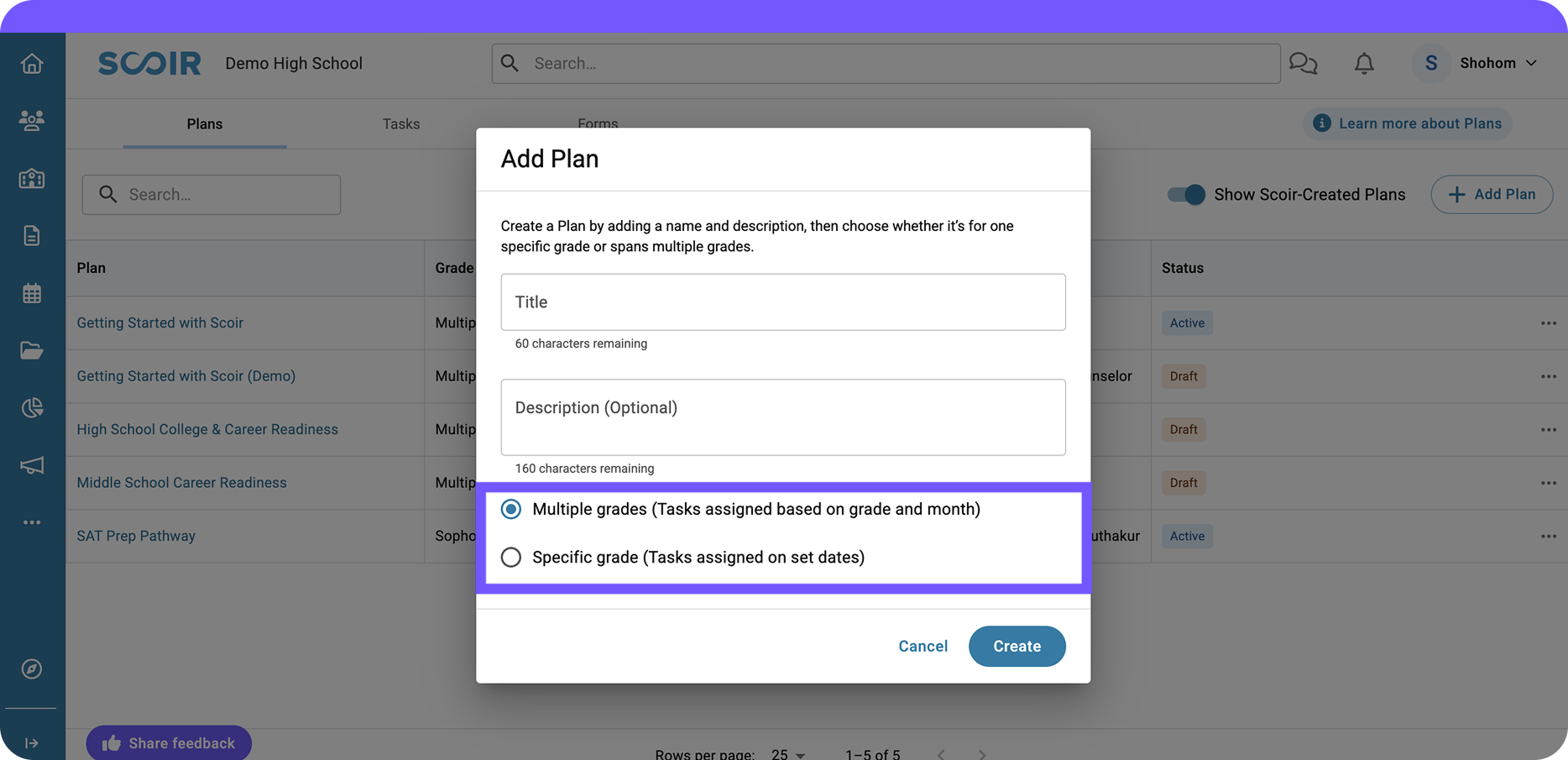 Scoir-Created Plans - "Add Plan" - Multiple Grades