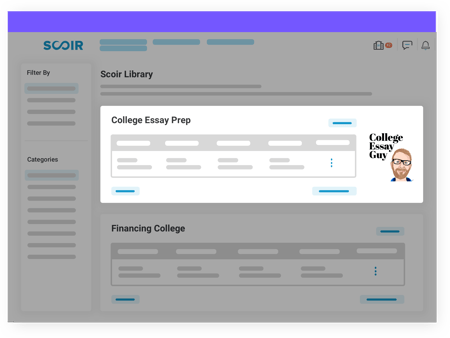 Scoir for counselors - illustration of the Scoir library, including College Esssay Guy and Financing College