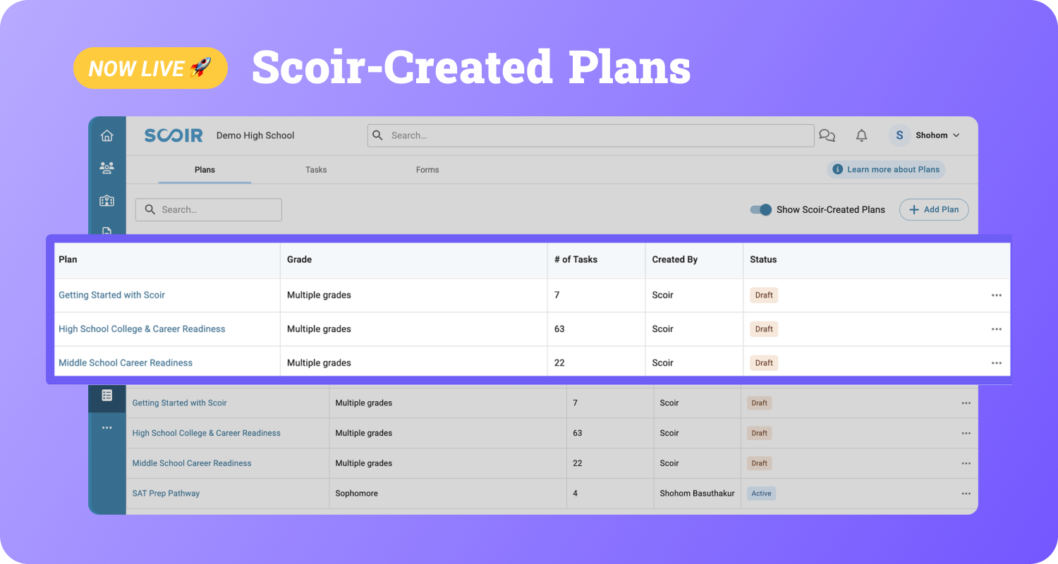 Now Live - For Counselors: Scoir-Created Plans
