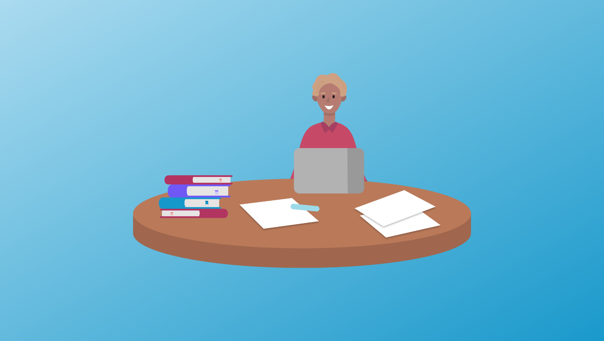 Life After the PSAT: Making the Most of Your PSAT Results - illustration of student working at laptop with papers and books scattered on table