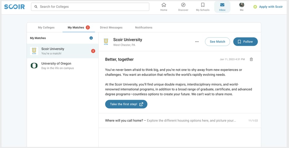 See Messages from College Matches in the My Matches tab