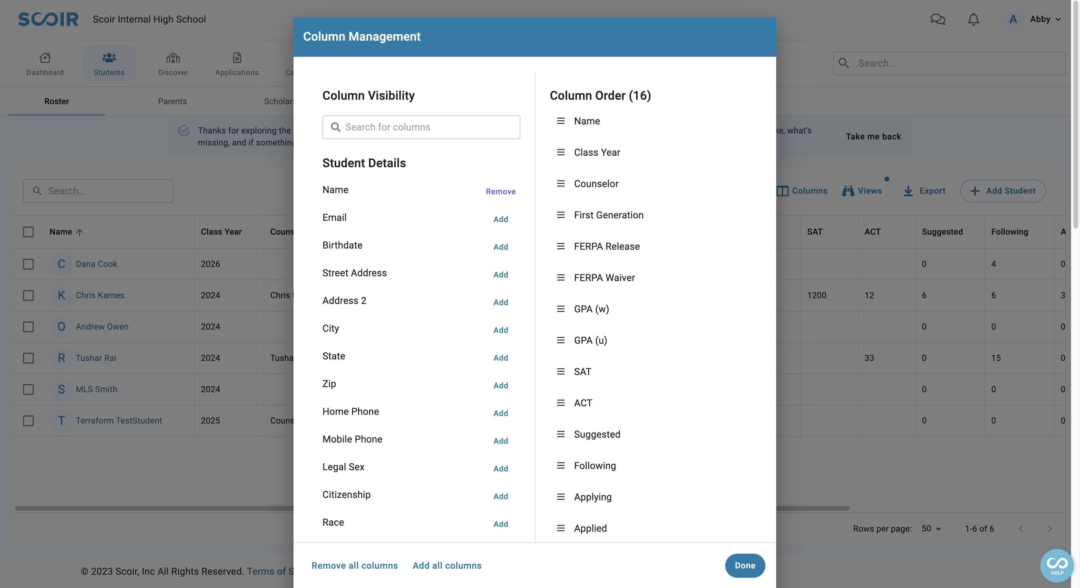 New Counselor Experience Student Roster Manage Columns