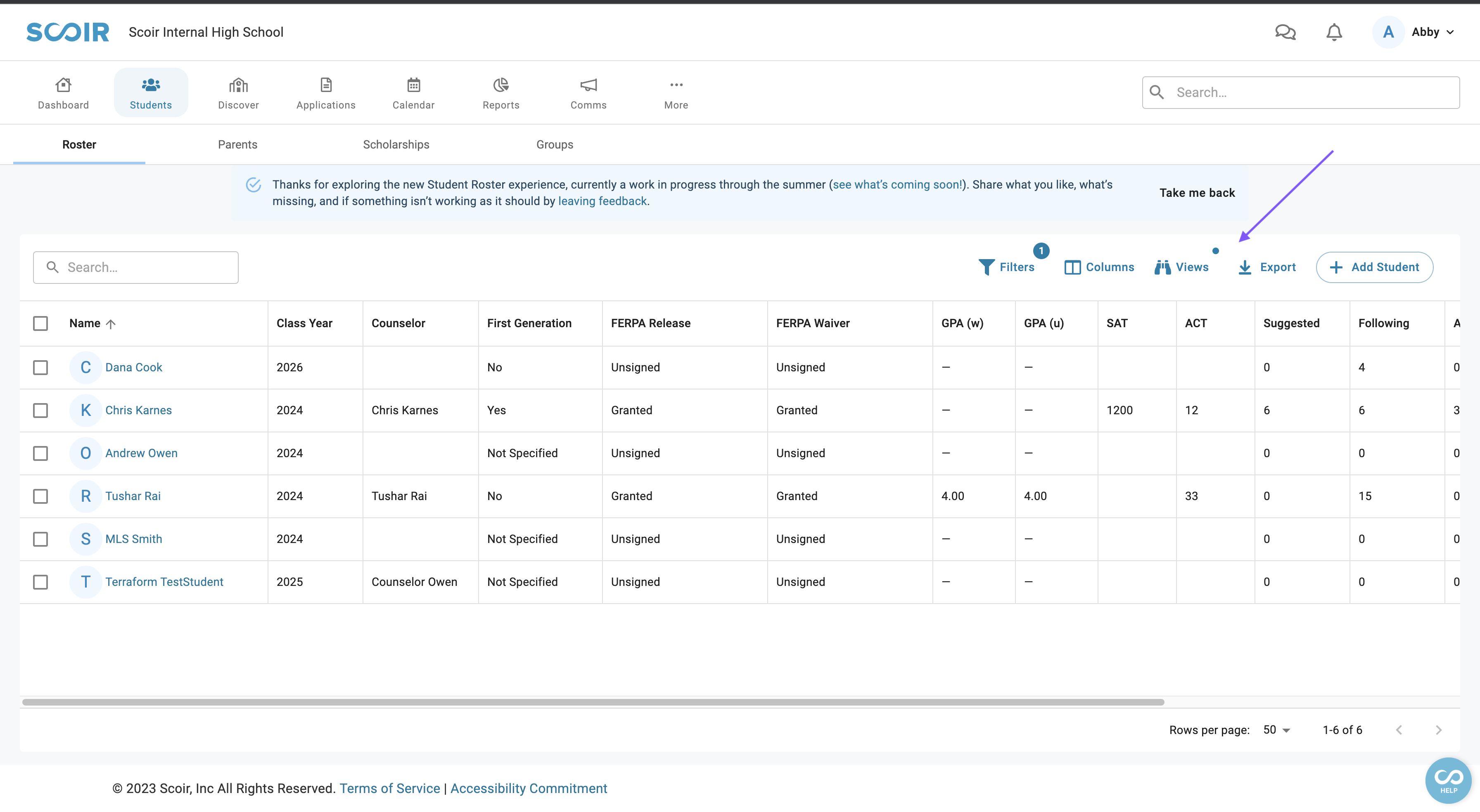 New Counselor Experience Views and Export Buttons