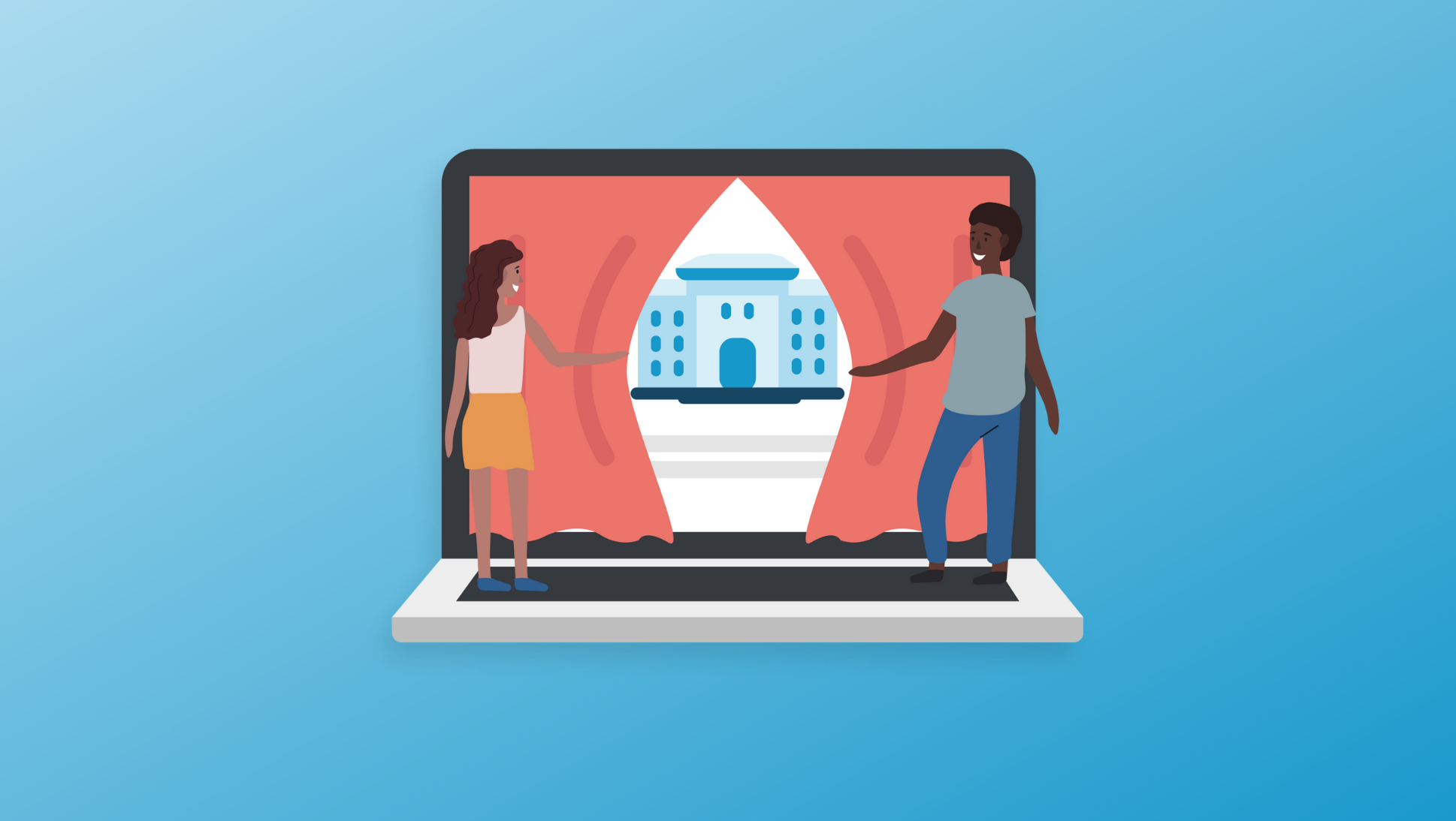 illustration of two students opening red curtain revealing a blue college building - No Need to Travel. Experience an Immersive Virtual Campus Visit!