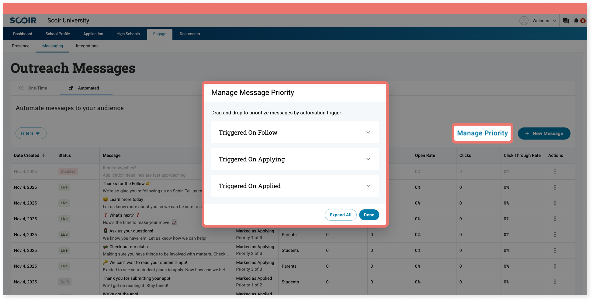 Outreach Messages - manage message priority
