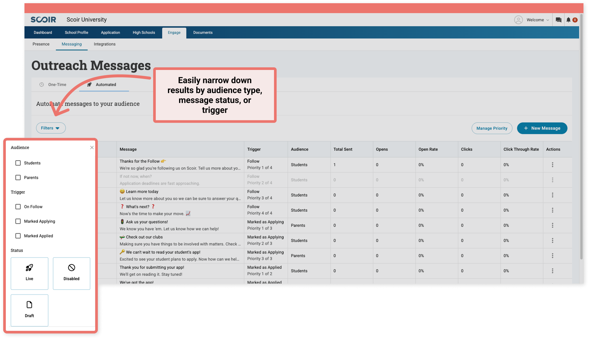 Outreach Messages - narrow down results