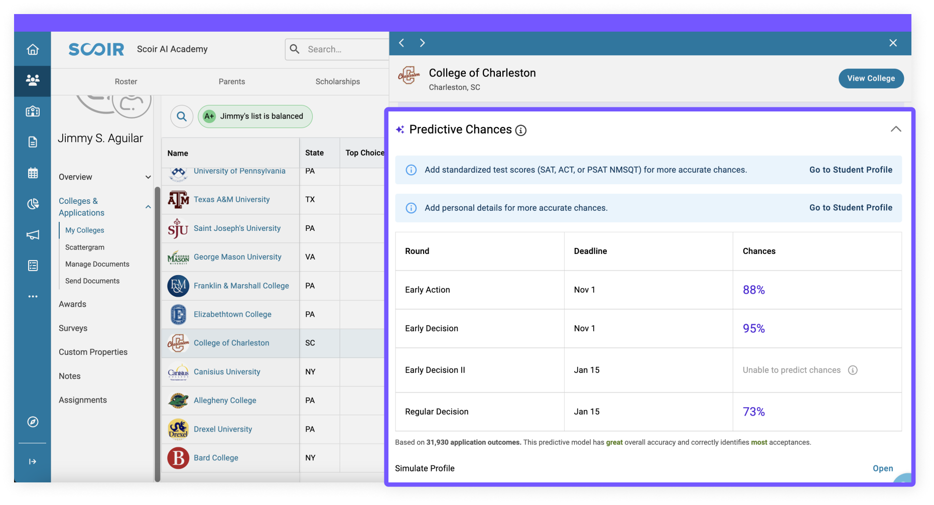 Predictive chances Scoir AI - Screenshot