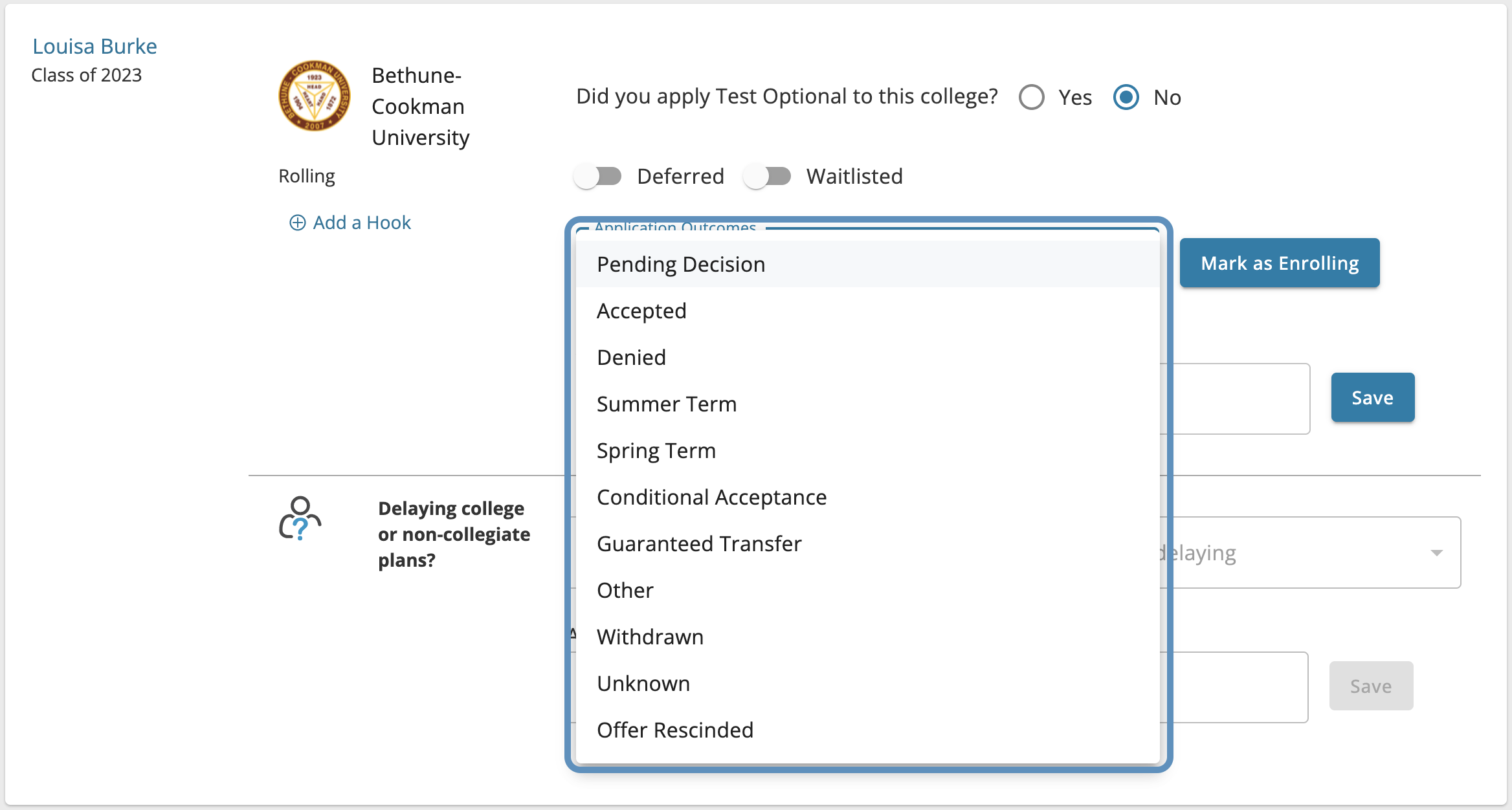 Application Outcomes Choices