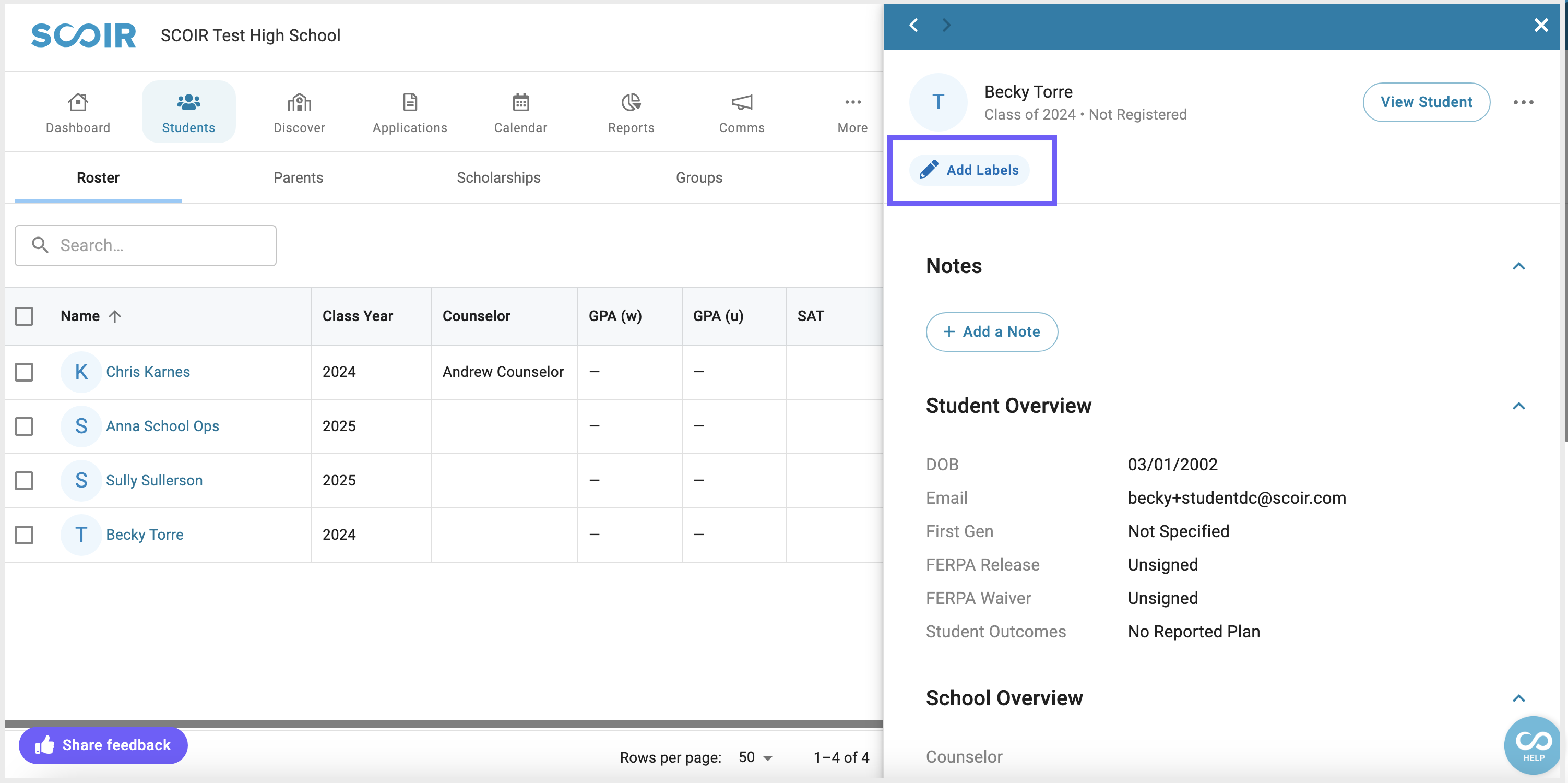 Easily create labels in Scoir