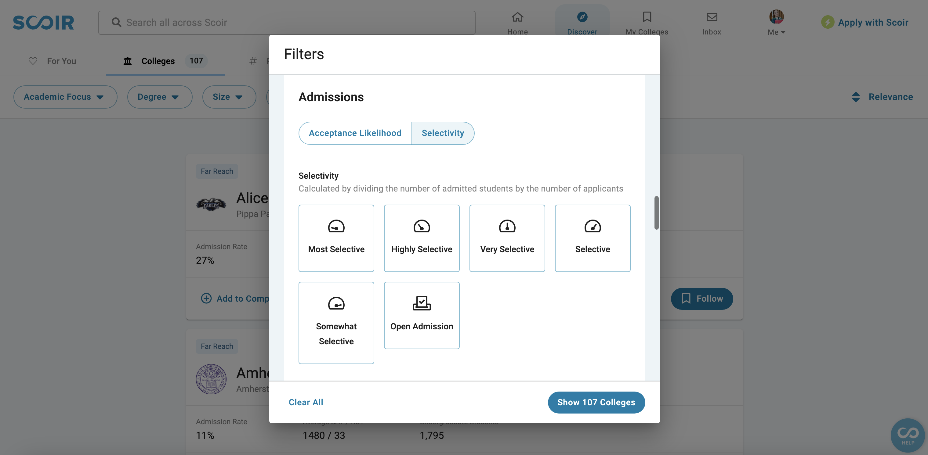 College Selectivity Filters