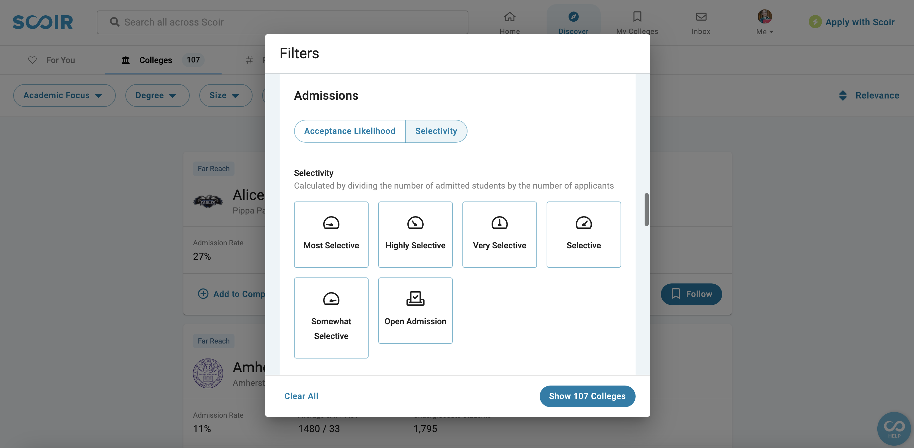 Filter Colleges Based on Selectivity Level