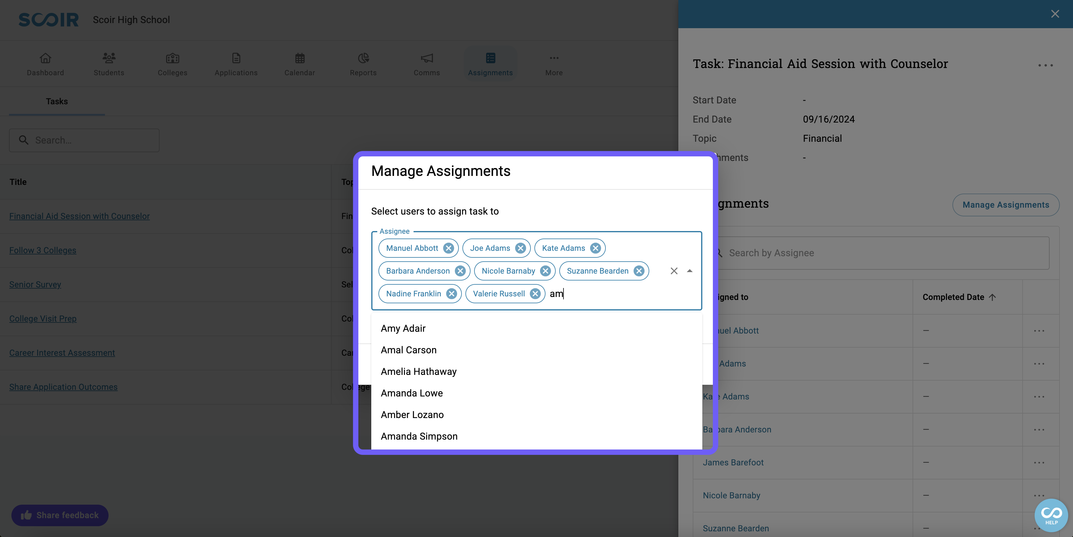 Managing the students assigned to a single task