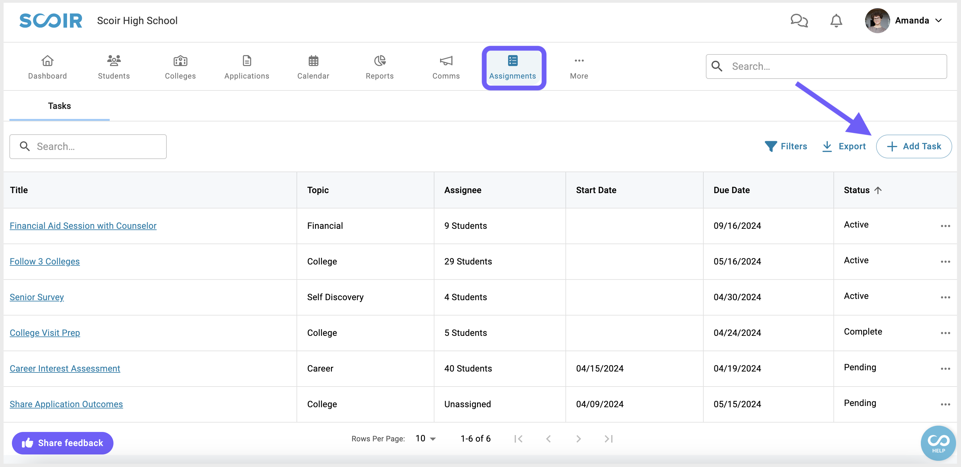 Creating a task from the Assignments page