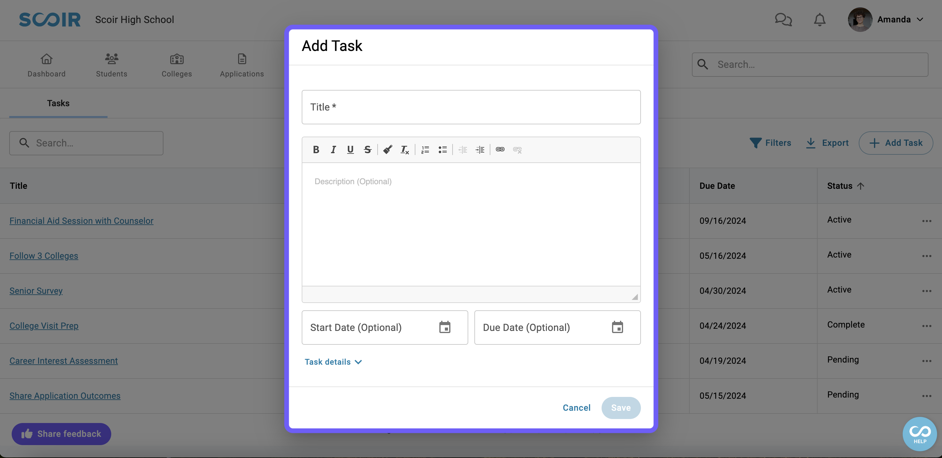 Adding task details — description, dates, topic, attachments and video