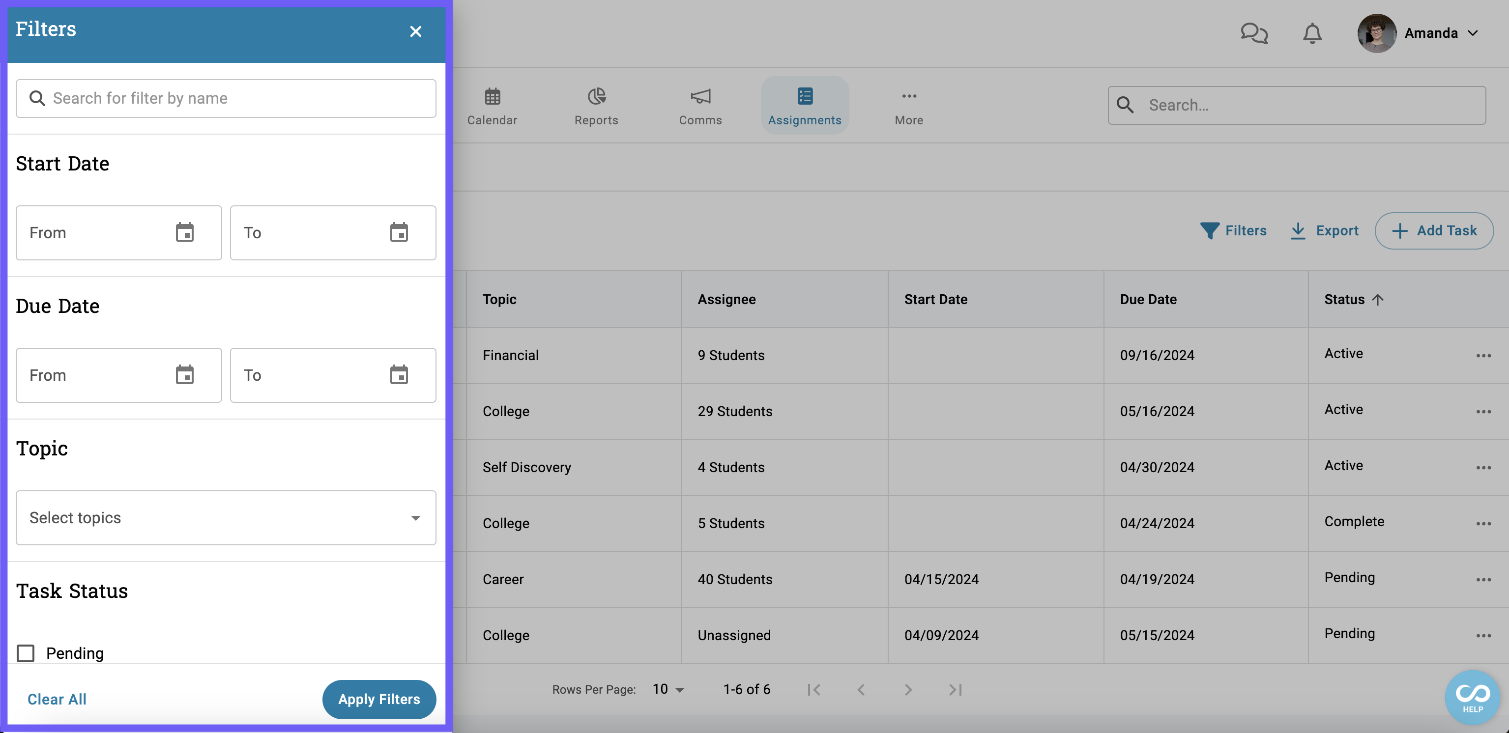 Filtering and managing assignments by date, topic, and status