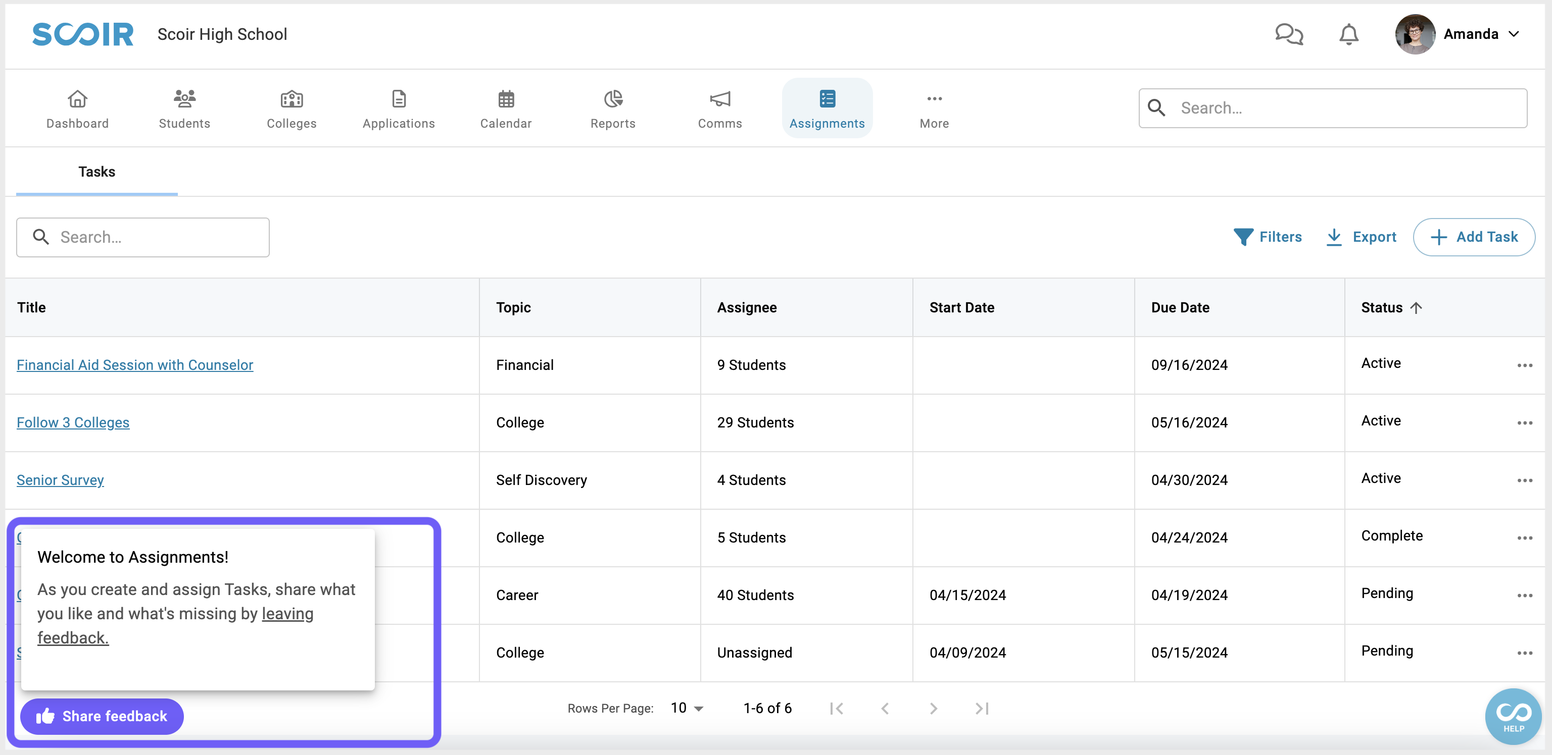Share your feedback on the Assignments page in Scoir