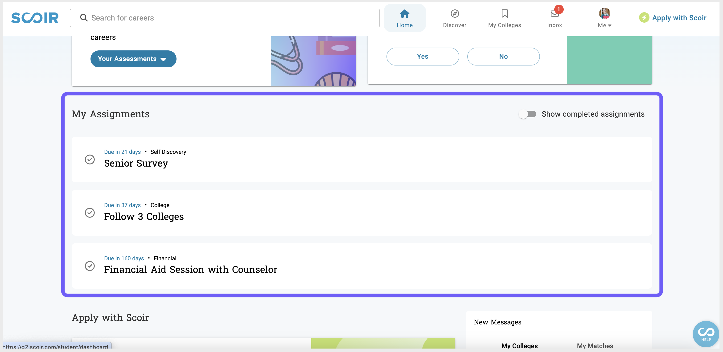My Assignments on the student dashboard