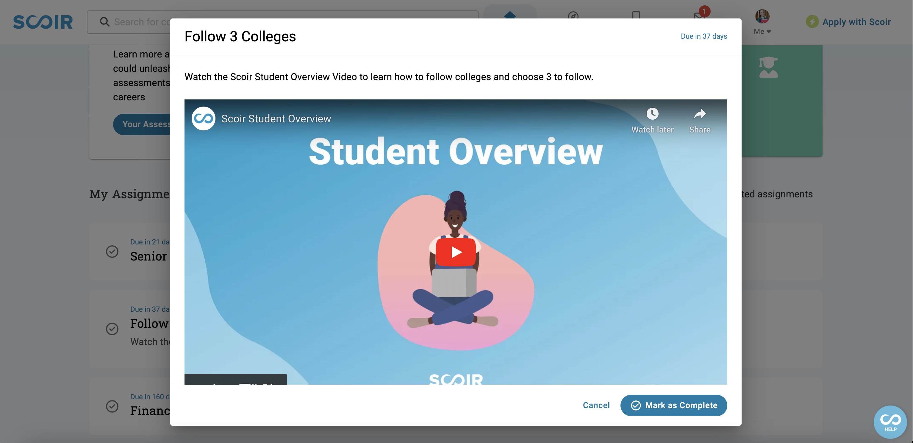 A student viewing assignment details including video