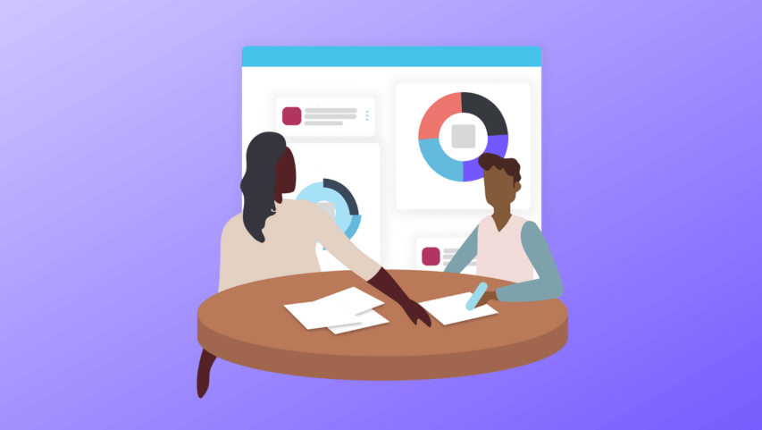illustration of student working with student at desk with papers on it with Scoir dashboard in the background - Spark Career Curiosity Early with Scoir for Middle Schools
