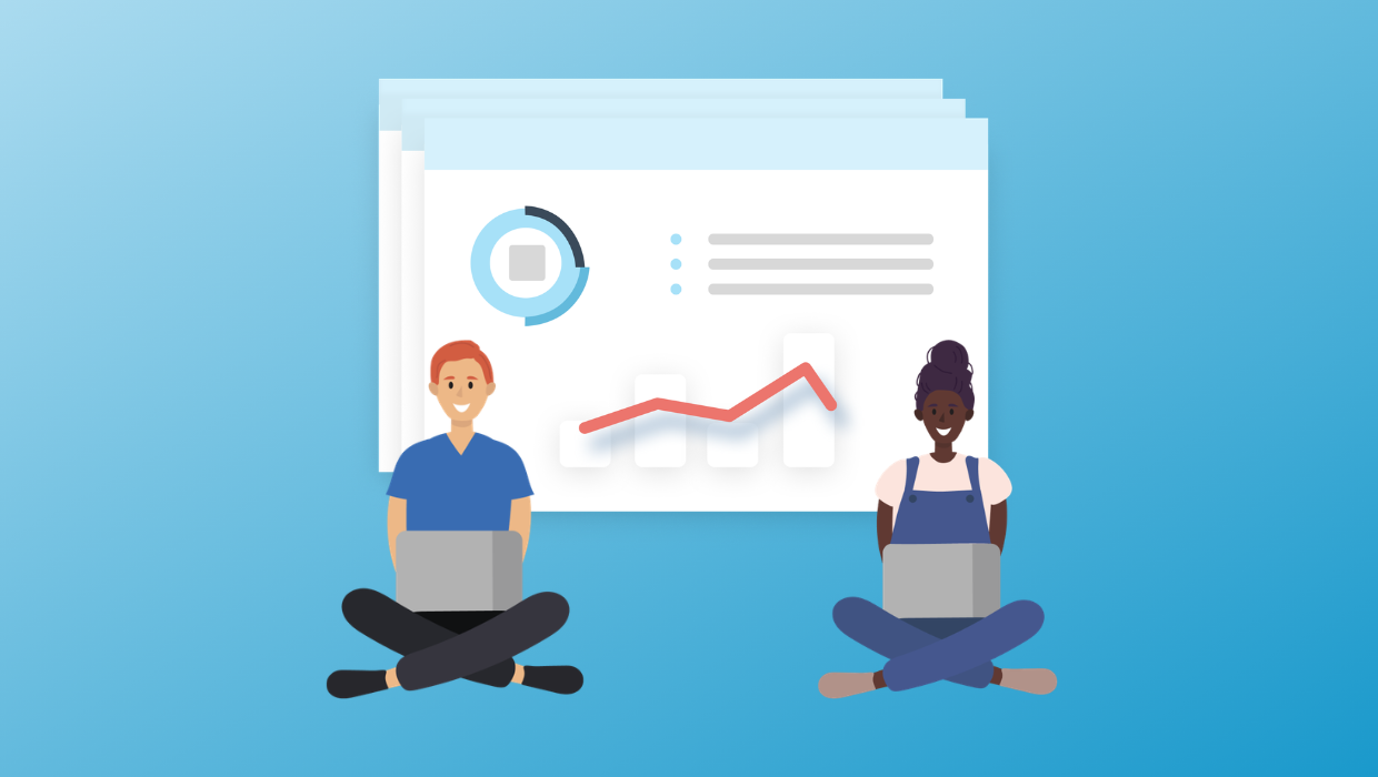 Illustration of two students on computer with graphs indicating progress