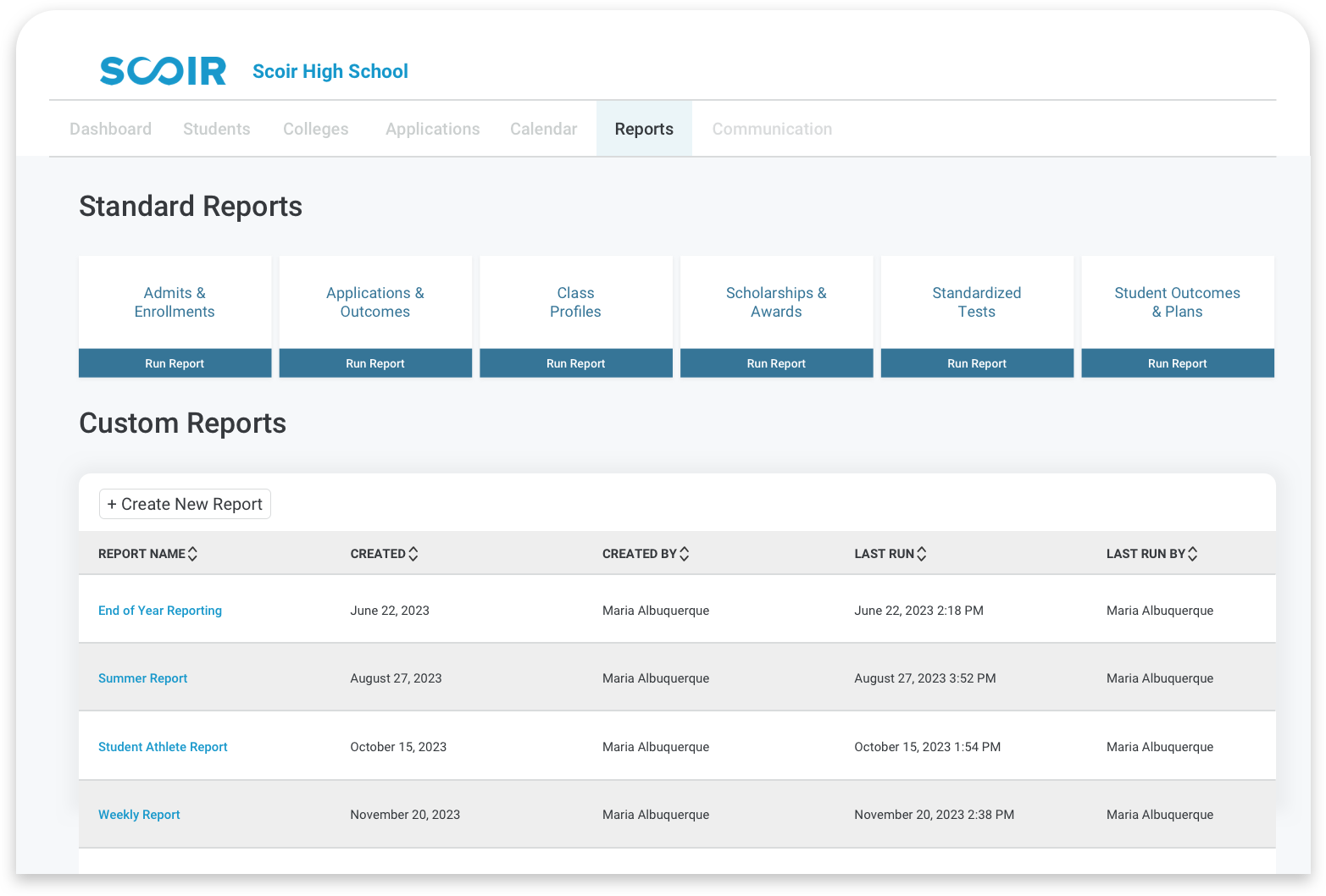 Standard and Custom Reports in Scoir example