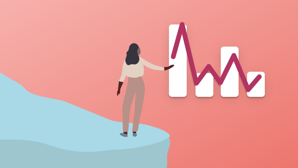 The Enrollment Cliff from a Gen Zer's Perspective - illustration of woman standing near edge of cliff looking at bar graph