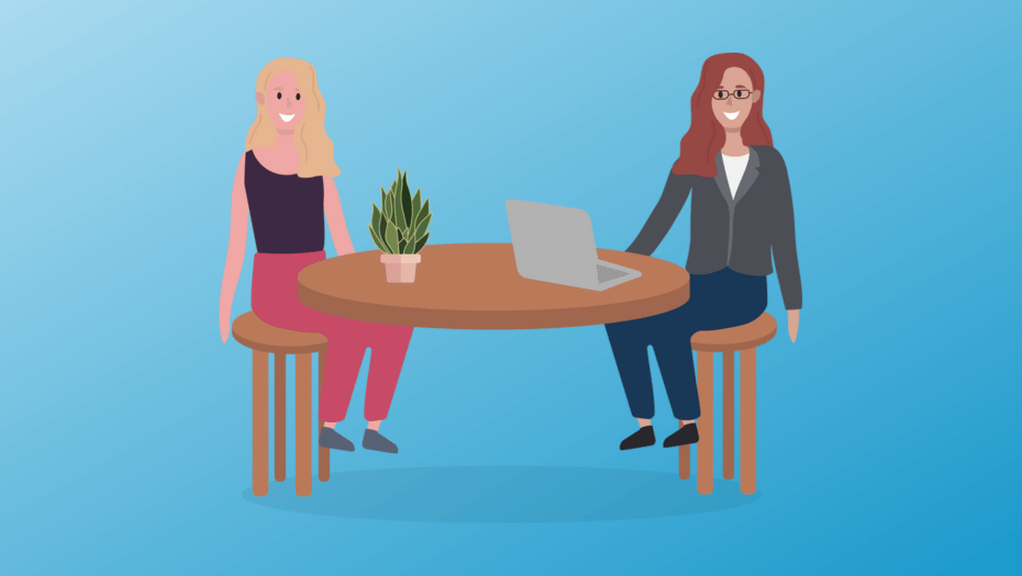 graphic of student and counselor sitting at table while counselor types on laptop - Tips for Requesting College Recommendations (+Helpful Form)