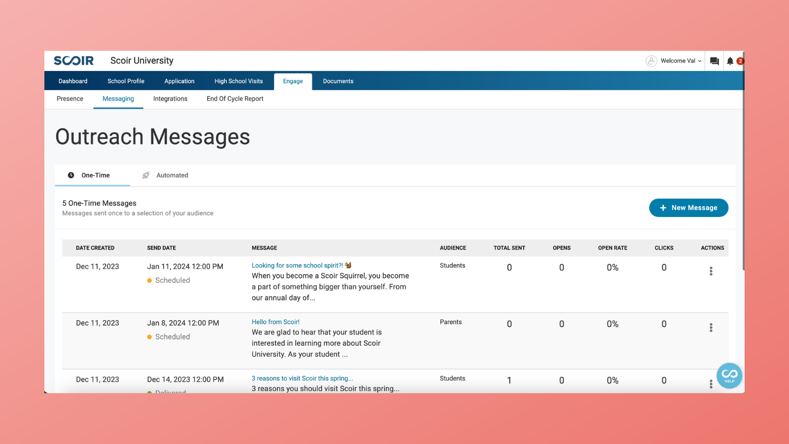 illustration of messaging dashboard for colleges on Scoir - Engage & Messages Design Refresh for Colleges