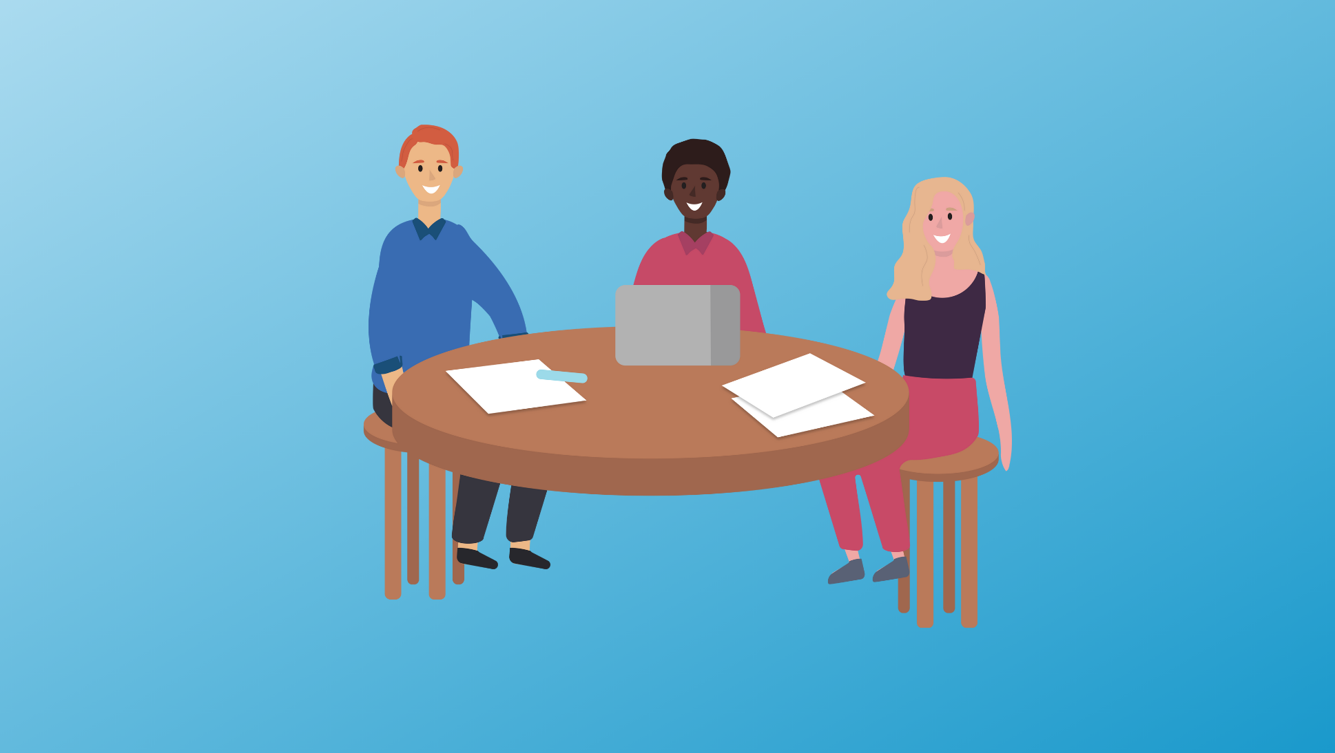 illustration of parent, student, and counselor talking about college at round table - What to Know About Residential Colleges & Living Learning Communities