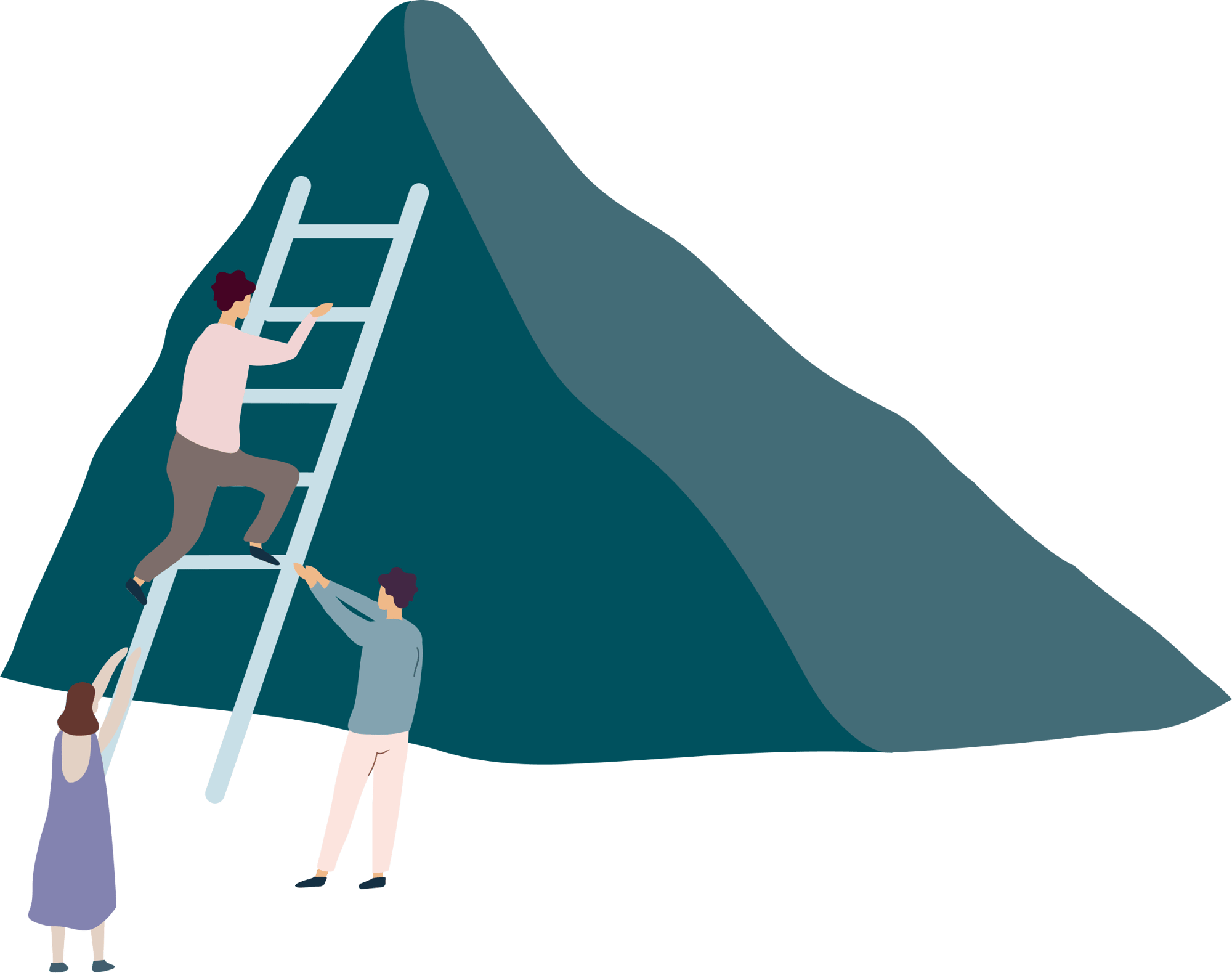 illustration of three people climbing a ladder up a cliff