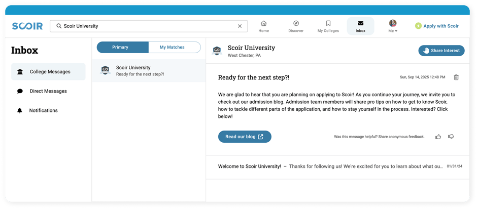 college messages primary