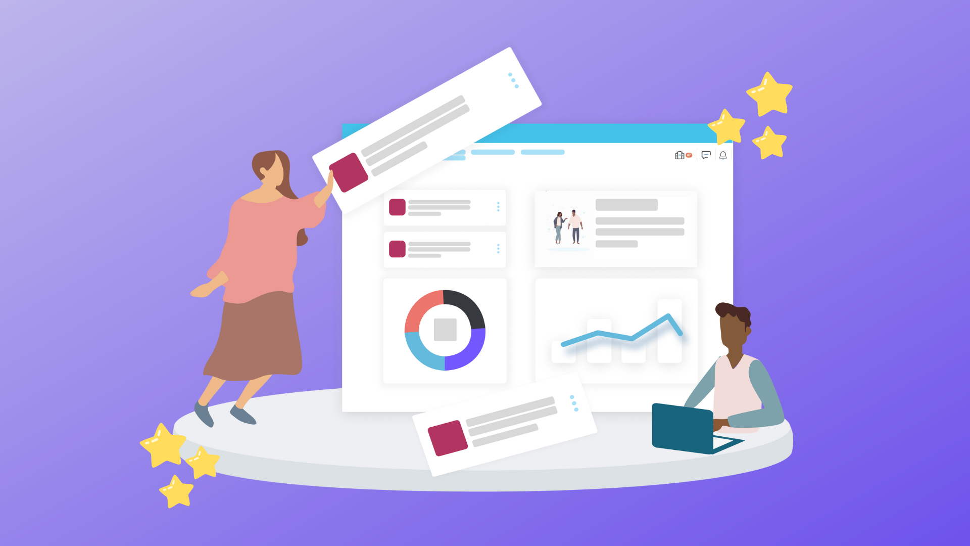 illustration of counselor picking up Scoir features while students works at laptop - For Counselors: February 2024 Product Updates