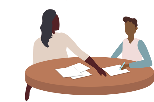 Vector of two people sitting at a table with papers on it.