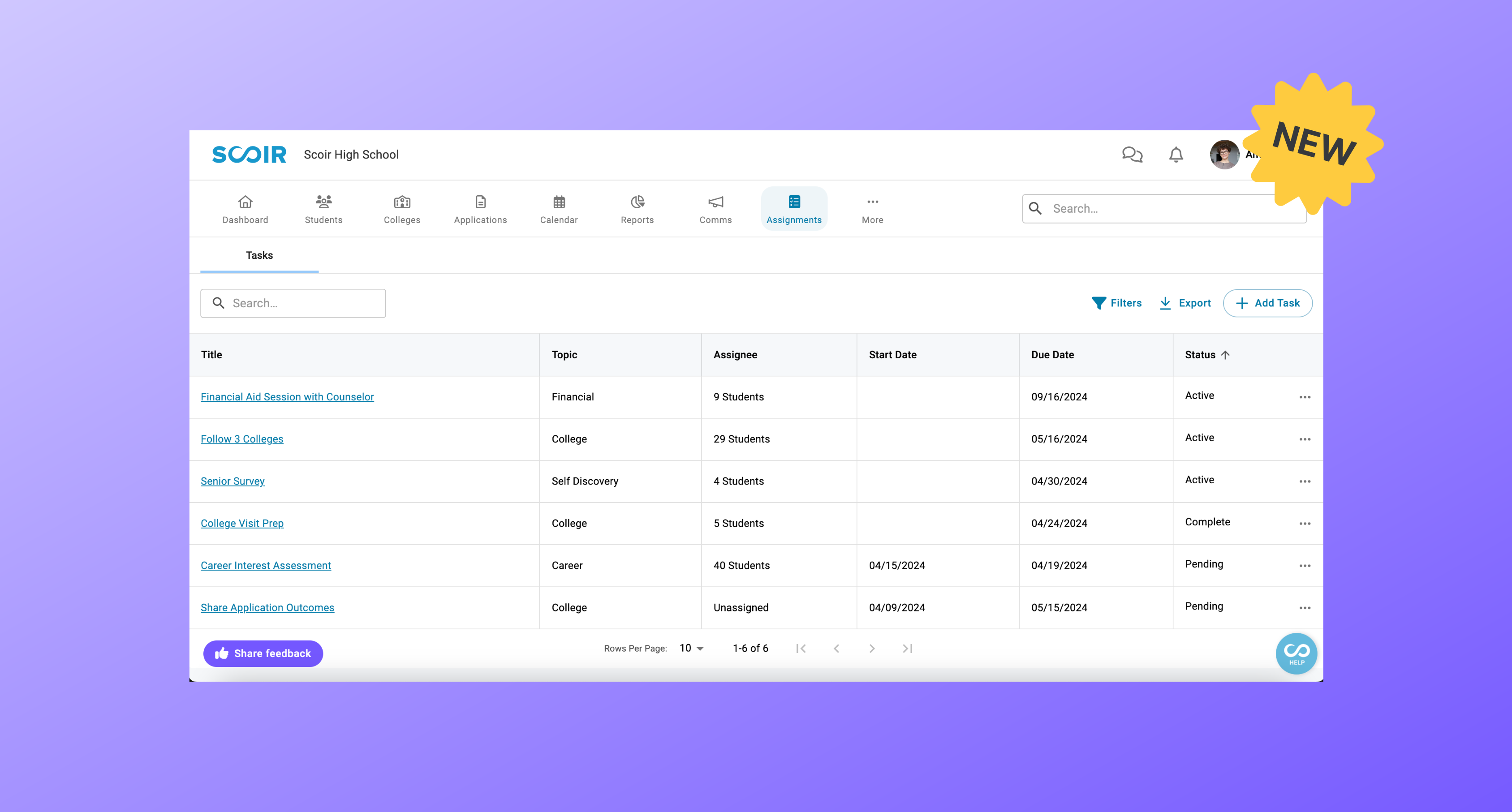 Assigning and Managing Student Tasks - Assignments view for counselors in Scoir