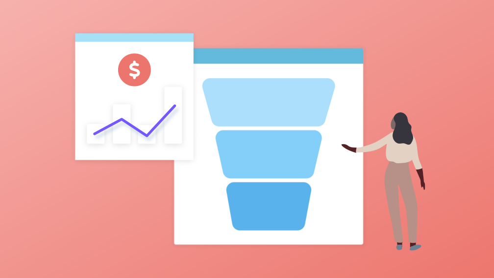 Content Topics to Consider for Each Enrollment Funnel Stage - person looking at enrollment funnel stages and chart with dollar sign on it