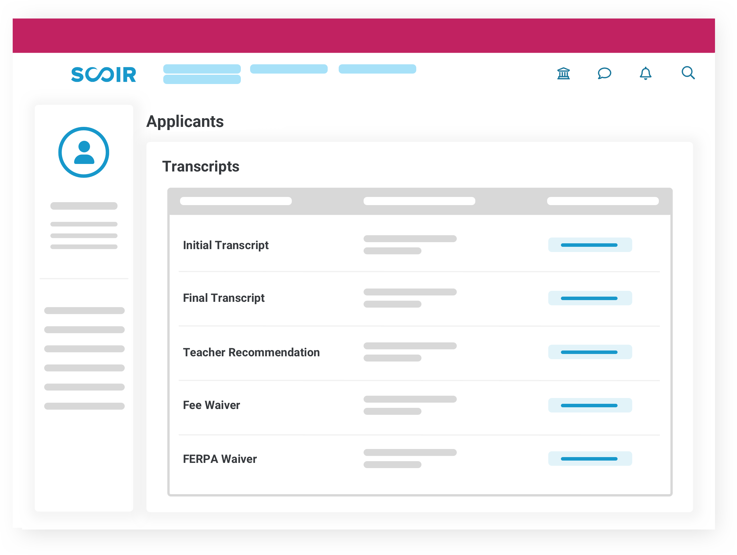 illustration of college applicants in Scoir, including their transcripts, teacher recommendations, fee waivers, and FERPA waiver