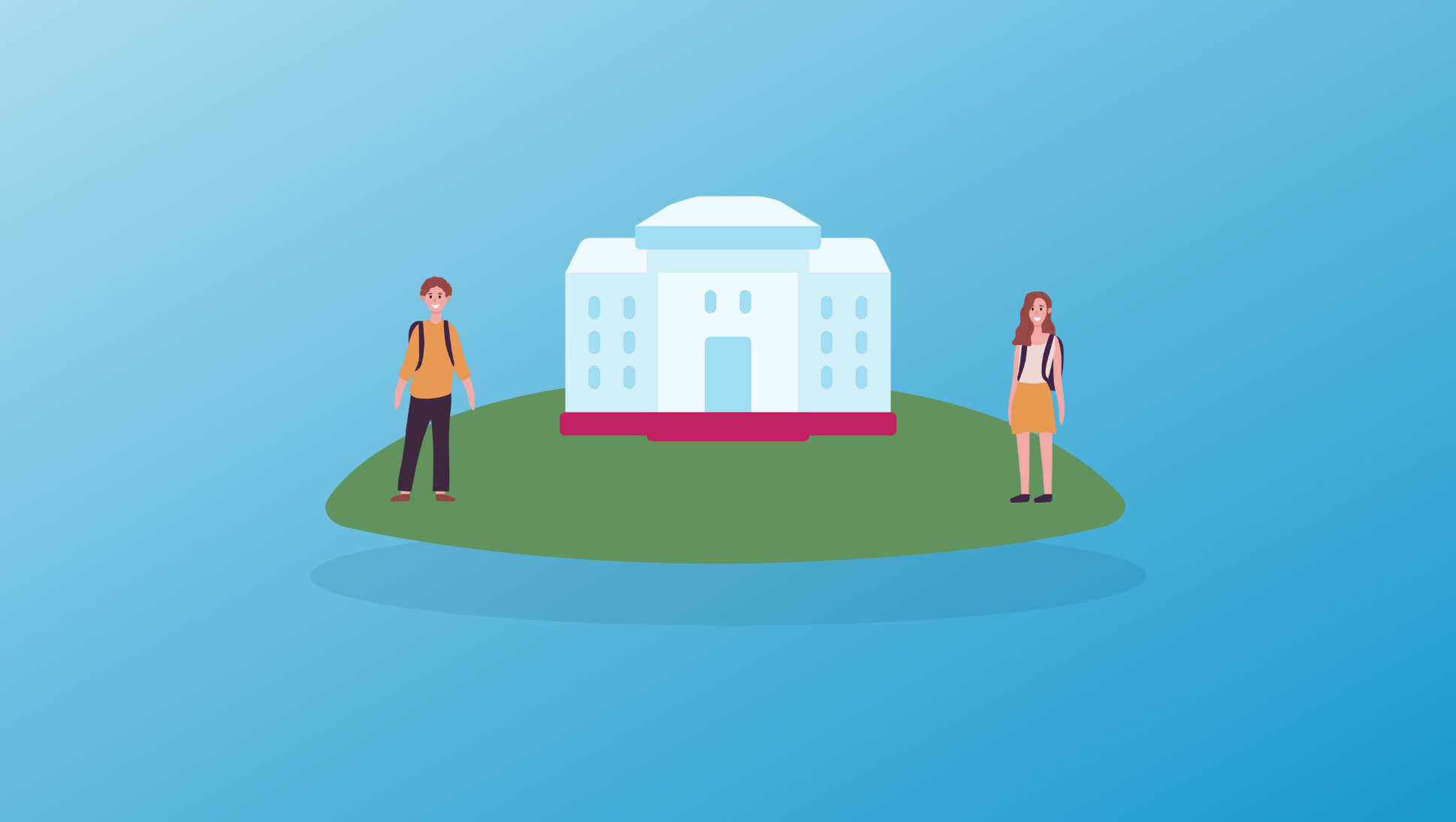 Going on a College Tour? Helpful Prep Tips + College Evaluation Form - illustration of two students standing on either side of a college building on a hill