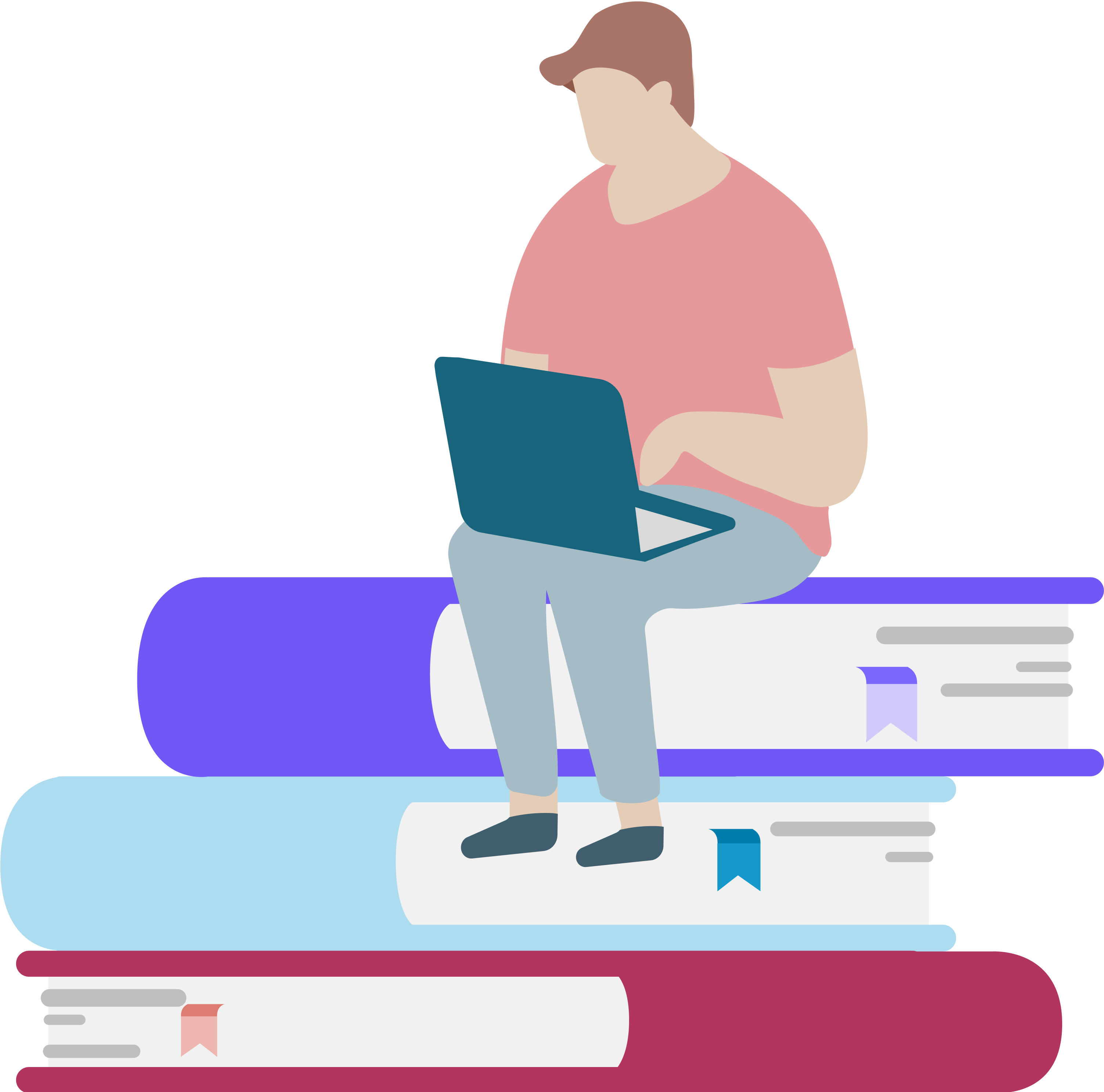 About Scoir - student sitting on pile of books while working on laptop