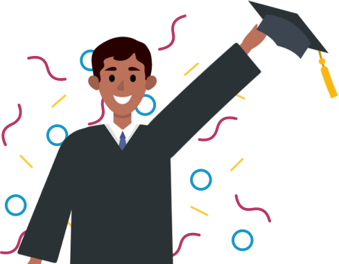 illustration of student holding up graduation cap with confetti behind them